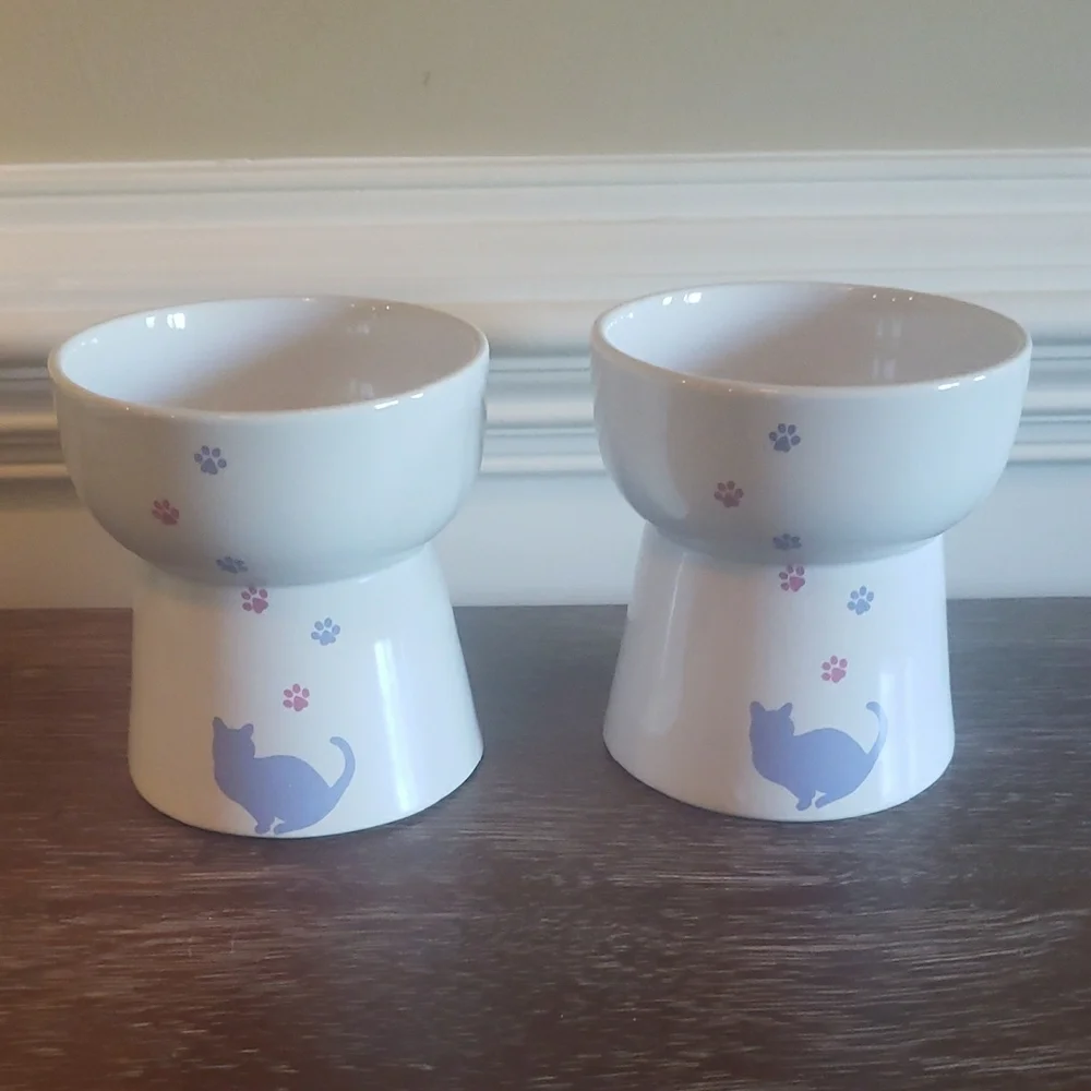 New! Frisco Cat Print Non-Skid Elevated Ceramic Cat Bowl, 1.5 cup (2 bowls)